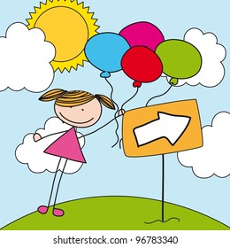 girl with balloons over landscape. vector illustration