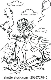 Girl with balloons riding a scooter