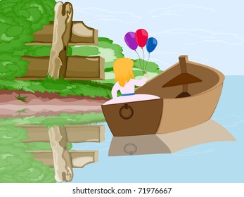 Girl with balloons sitting in a boat floating on the lake at the background of green bushes and an old fence
