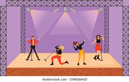 Girl band flat vector illustration. Rock music group with female members performing at concert. Musicians playing together on stage. Live musical performance. Festival. Cartoon characters