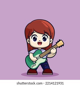 Girl Band Palying Guitar Bass Drum Cute Cartoon