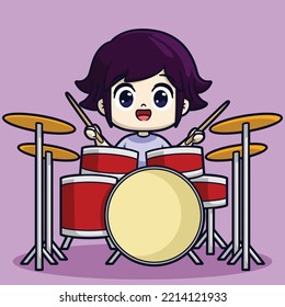 Girl Band Palying Guitar Bass Drum Cute Cartoon