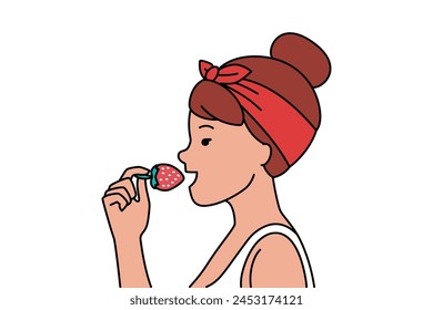 Una chica en bandana come una deliciosa fresa roja. Ilustración vectorial aislada sobre fondo blanco. Imagen de estilo Pin-up