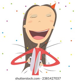 Girl banging pot lids in the new year. New Year's Tradition. Vector Illustration.