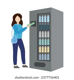A girl with a banknote in her hand stands near a drink machine, in motion, flat vector, isolated on white, faceless illustration