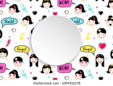Girl banner with anime emoji pattern. Cute stickers with emoticon and 3d paper. Childish girl banner with kawaii asian faces. Template for fashion and make up sales, ads, special offers and flyers.