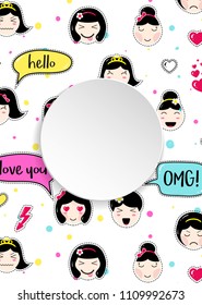 Girl banner with anime emoji pattern. Cute stickers with emoticon and 3d paper. Childish girl banner with kawaii asian faces. Template for fashion and make up sales, ads, special offers and flyers.
