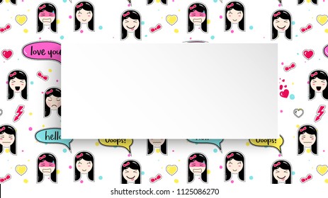 Girl banner with anime emoji pattern. Cute stickers with emoticon and 3d paper. Childish girl banner with kawaii asian faces. Template for fashion and make up sales, ads, special offers and flyers.