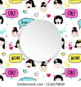Girl banner with anime emoji pattern. Cute stickers with emoticon and 3d paper. Childish girl banner with kawaii asian faces. Template for fashion and make up sales, ads, special offers and flyers.