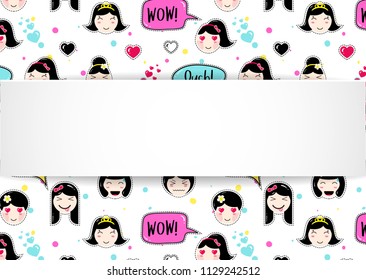 Girl banner with anime emoji pattern. Cute stickers with emoticon and 3d paper. Childish girl banner with kawaii asian faces. Template for fashion and make up sales, ads, special offers and flyers.