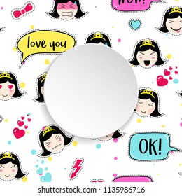 Girl banner with anime emoji pattern. Cute stickers with emoticon and 3d paper. Childish girl banner with kawaii asian faces. Template for fashion and make up sales, ads, special offers and flyers.