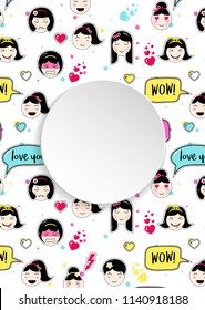 Girl banner with anime emoji pattern. Cute stickers with emoticon and 3d paper. Childish girl banner with kawaii asian faces. Template for fashion and make up sales, ads, special offers and flyers.