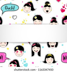 Girl banner with anime emoji pattern. Cute stickers with emoticon and 3d paper. Childish girl banner with kawaii asian faces. Template for fashion and make up sales, ads, special offers and flyers.