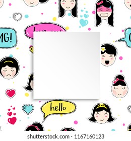 Girl banner with anime emoji pattern. Cute stickers with emoticon and 3d paper. Childish girl banner with kawaii asian faces. Template for fashion and make up sales, ads, special offers and flyers.
