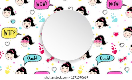 Girl banner with anime emoji pattern. Cute stickers with emoticon and 3d paper. Childish girl banner with kawaii asian faces. Template for fashion and make up sales, ads, special offers and flyers.
