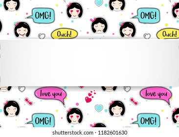 Girl banner with anime emoji pattern. Cute stickers with emoticon and 3d paper. Childish girl banner with kawaii asian faces. Template for fashion and make up sales, ads, special offers and flyers.