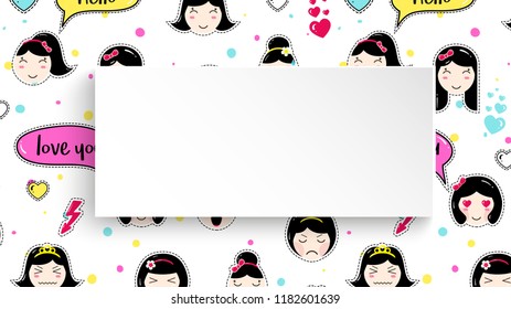 Girl banner with anime emoji pattern. Cute stickers with emoticon and 3d paper. Childish girl banner with kawaii asian faces. Template for fashion and make up sales, ads, special offers and flyers.