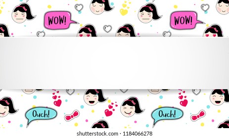 Girl banner with anime emoji pattern. Cute stickers with emoticon and 3d paper. Childish girl banner with kawaii asian faces. Template for fashion and make up sales, ads, special offers and flyers.