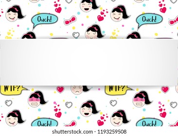 Girl banner with anime emoji pattern. Cute stickers with emoticon and 3d paper. Childish girl banner with kawaii asian faces. Template for fashion and make up sales, ads, special offers and flyers.