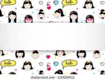 Girl banner with anime emoji pattern. Cute stickers with emoticon and 3d paper. Childish girl banner with kawaii asian faces. Template for fashion and make up sales, ads, special offers and flyers.