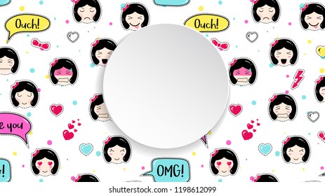 Girl banner with anime emoji pattern. Cute stickers with emoticon and 3d paper. Childish girl banner with kawaii asian faces. Template for fashion and make up sales, ads, special offers and flyers.
