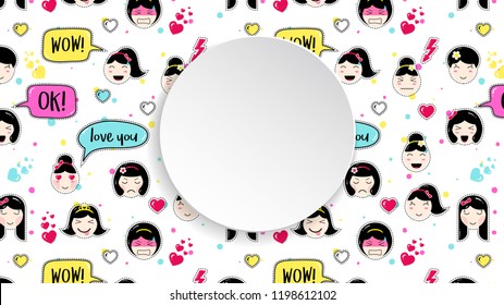 Girl banner with anime emoji pattern. Cute stickers with emoticon and 3d paper. Childish girl banner with kawaii asian faces. Template for fashion and make up sales, ads, special offers and flyers.