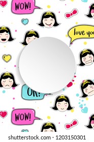 Girl banner with anime emoji pattern. Cute stickers with emoticon and 3d paper. Childish girl banner with kawaii asian faces. Template for fashion and make up sales, ads, special offers and flyers.