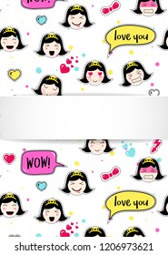 Girl banner with anime emoji pattern. Cute stickers with emoticon and 3d paper. Childish girl banner with kawaii asian faces. Template for fashion and make up sales, ads, special offers and flyers.
