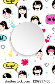 Girl banner with anime emoji pattern. Cute stickers with emoticon and 3d paper. Childish girl banner with kawaii asian faces. Template for fashion and make up sales, ads, special offers and flyers.