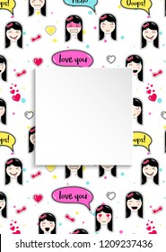 Girl banner with anime emoji pattern. Cute stickers with emoticon and 3d paper. Childish girl banner with kawaii asian faces. Template for fashion and make up sales, ads, special offers and flyers.