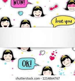 Girl banner with anime emoji pattern. Cute stickers with emoticon and 3d paper. Childish girl banner with kawaii asian faces. Template for fashion and make up sales, ads, special offers and flyers.