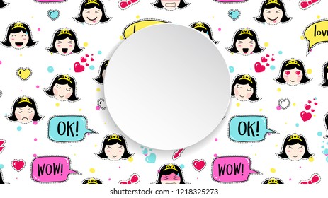 Girl banner with anime emoji pattern. Cute stickers with emoticon and 3d paper. Childish girl banner with kawaii asian faces. Template for fashion and make up sales, ads, special offers and flyers.