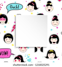 Girl banner with anime emoji pattern. Cute stickers with emoticon and 3d paper. Childish girl banner with kawaii asian faces. Template for fashion and make up sales, ads, special offers and flyers.