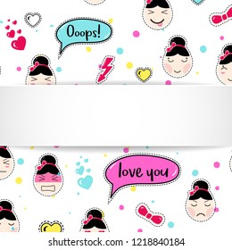 Girl banner with anime emoji pattern. Cute stickers with emoticon and 3d paper. Childish girl banner with kawaii  faces. Template for fashion and make up sales, ads, special offers and flyers.