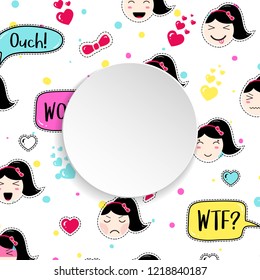 Girl banner with anime emoji pattern. Cute stickers with emoticon and 3d paper. Childish girl banner with kawaii  faces. Template for fashion and make up sales, ads, special offers and flyers.