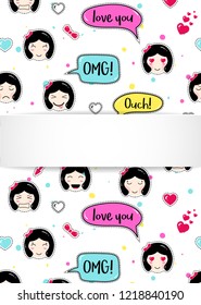 Girl banner with anime emoji pattern. Cute stickers with emoticon and 3d paper. Childish girl banner with kawaii  faces. Template for fashion and make up sales, ads, special offers and flyers.