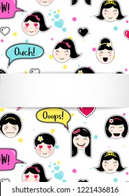 Girl banner with anime emoji pattern. Cute stickers with emoticon and 3d paper. Childish girl banner with kawaii asian faces. Template for fashion and make up sales, ads, special offers and flyers.