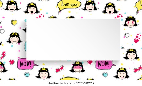 Girl banner with anime emoji pattern. Cute stickers with emoticon and 3d paper. Childish girl banner with kawaii asian faces. Template for fashion and make up sales, ads, special offers and flyers.