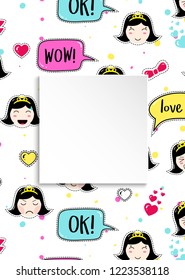 Girl banner with anime emoji pattern. Cute stickers with emoticon and 3d paper. Childish girl banner with kawaii asian faces. Template for fashion and make up sales, ads, special offers and flyers.