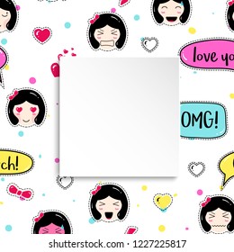 Girl banner with anime emoji pattern. Cute stickers with emoticon and 3d paper. Childish girl banner with kawaii asian faces. Template for fashion and make up sales, ads, special offers and flyers.