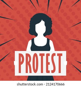 Girl with a banner in her hands. The concept of protest and public resistance. Vector.