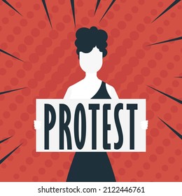 Girl with a banner in her hands. Pop art style. Vector.