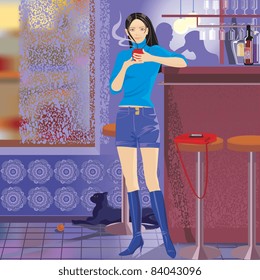 girl at the bar with a cup of coffee in your hand