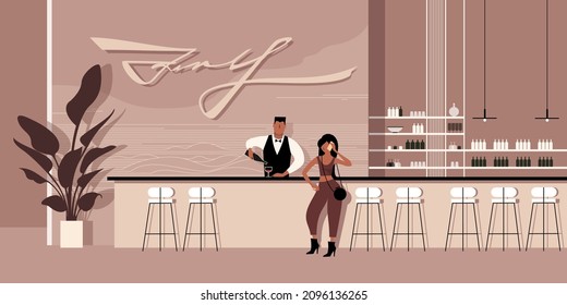 Girl at the bar talking on a cell phone. Vector illustration for landing page mockup or flat design advertising banner.