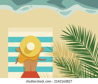 Girl with a bare back in a hat and swimsuit is sunbathing on the beach under a palm tree, near the sea. Summer vector illustration