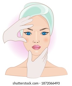 a girl with bare shoulders, a towel on her head, hands in medical  gloves