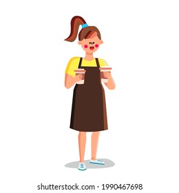 Girl Barista Holding Prepared Coffee Cups Vector. Girl Barista In Apron Carrying Brewed Energy Drink Espresso Or Cappuccino Hot Beverage. Character Cafeteria Worker Flat Cartoon Illustration