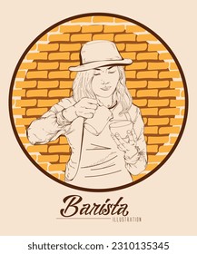 The girl is a barista. Illustration barista making coffee in vintage style. Hand drawn line style. Restaurant menu or packaging design template. Vector illustration.
