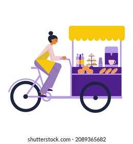 Barista de chicas en bicicleta expendedora con café, refrigerios, comida callejera, repostería, dulces de la bicicleta. Ilustración vectorial plana  