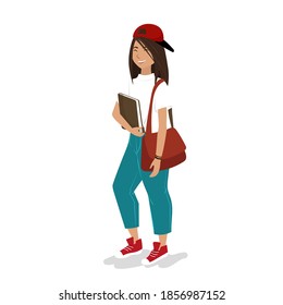 Girl in a baseball cap in a white T-shirt and blue jeans with a book in her hands and a bag on her shoulder, a female student with a bag and a book in her hand, illustration in doodle style hand-drawn.